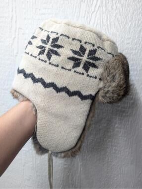 Crown Cap By Paul Leinbund Rabbit Fur Wool Winter Snowflake Aviator Hat Small